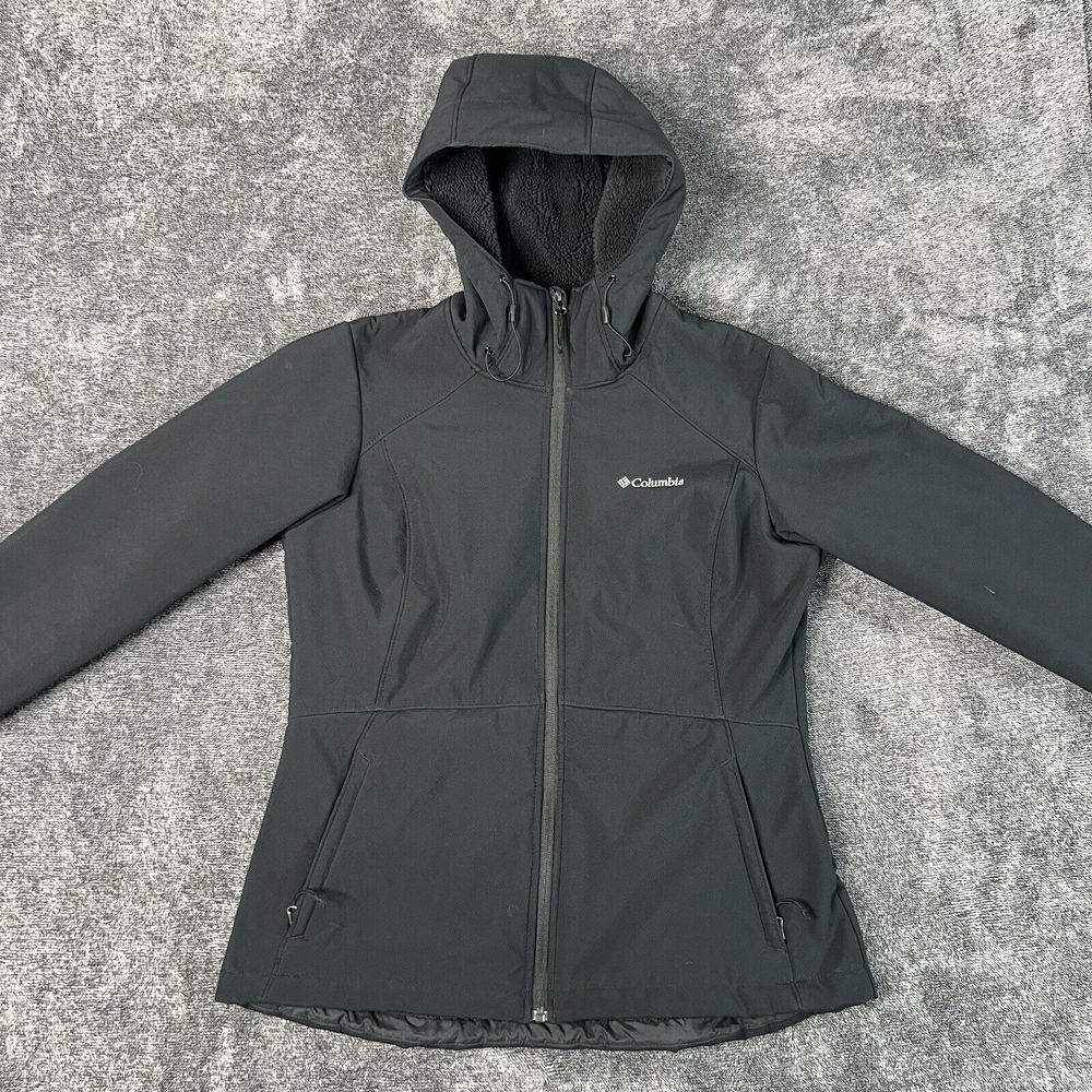 Columbia Omni Wind Windproof Fleece Lined Hooded Zip Black Jacket Womens Large